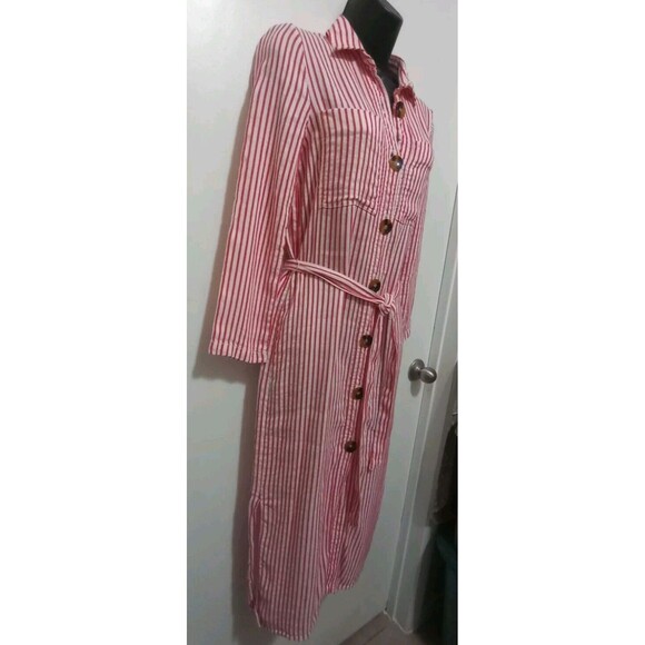 Zara Woman Striped Midi Shirt Dress XS Button Front Red & White Belted Pockets - Picture 6 of 12